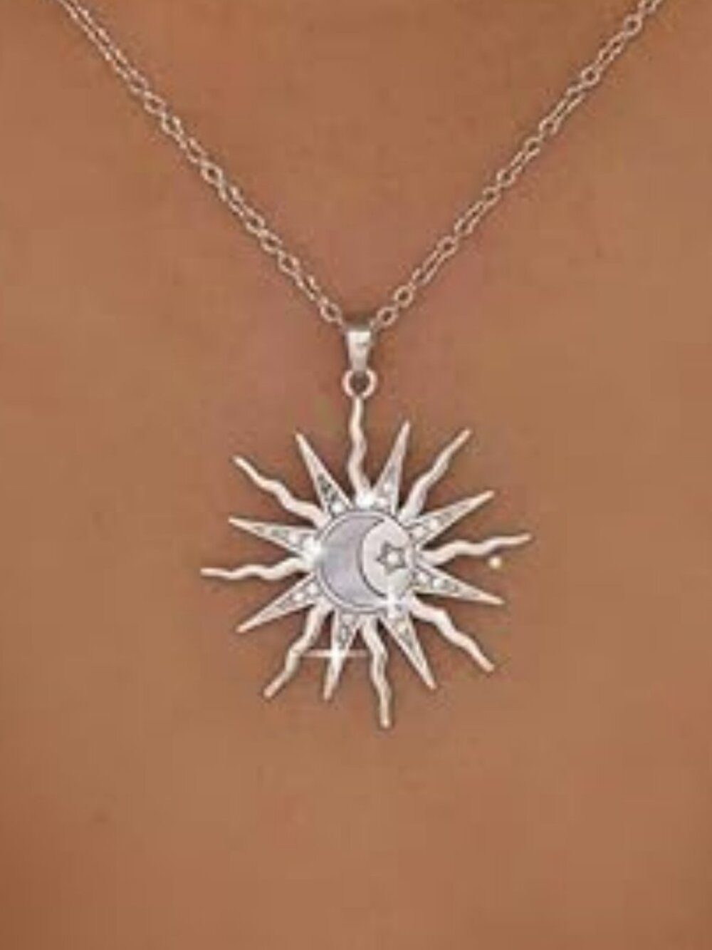 New Sunburst Pendant Necklace Silver Boho Moon Sun with Chain Statement Trendy
